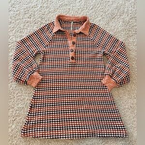 Free People Collared, Chenille Knit Houndstooth Checkered Patterned 70s Dress XS